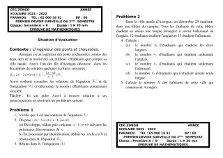 Première page de Mathématiques 2nde A, 2nde A2, 2nde B, 1ère A2, 1ère B, Tle A1 — 1er devoir surveillé, 2e semestre (2021-2022) · CEG ZONGO
