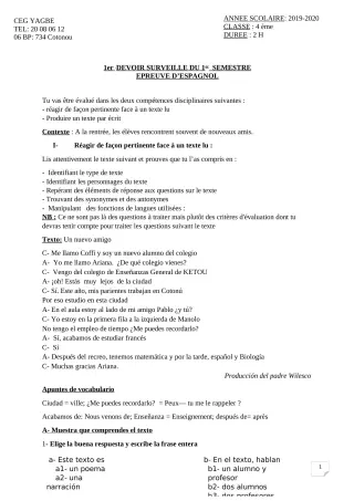 Première page de Espagnol 4e ML — 1er devoir surveillé, 1er semestre (2019-2020) · CEG Yagbe