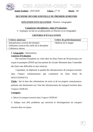 Première page de Histoire-Géographie 1ère D — 2e devoir surveillé, 1er semestre (2019-2020) · CEG ADJOVICODJI 'LES OLIVIERS'