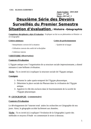 Première page de Histoire-Géographie 2nde A & B — 2e devoir surveillé, 1er semestre (2019-2020) · CEG Agassa Godomey