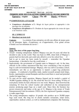 Première page de Anglais Tle A1, Tle A2, Tle B — 1re évaluation sommative, 2e semestre (2019-2020) · CEG Dantokpa