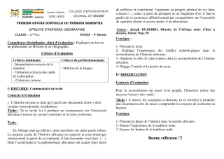 Première page de Histoire-Géographie 2nde A2 — 1er devoir surveillé, 1er semestre (2021-2022) · CEG SEKERE