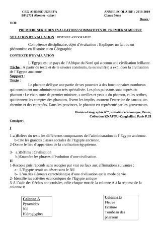 Première page de Histoire-Géographie 6e, 5e, 4e, 4e ML, 3e, 3e ML, 2nde A & B, 2nde A2 — 1re évaluation sommative, 1er semestre (2018-2019) · CEG Ahossougbéta
