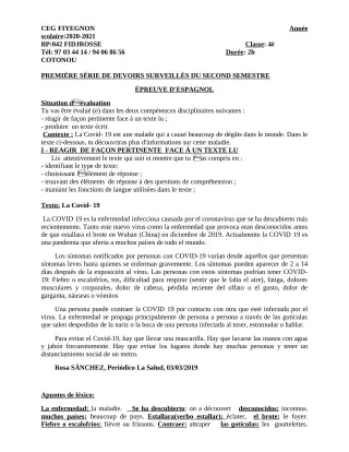 Première page de Espagnol 4e — 1er devoir surveillé, 2e semestre (2020-2021) · CEG FIYEGNON