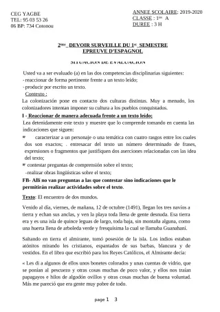 Première page de Espagnol 1ère A2 — 2e devoir surveillé, 1er semestre (2019-2020) · CEG Yagbe