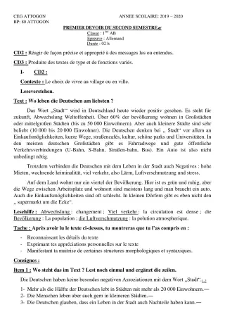 Première page de Allemand 1ère A & B, 1ère A1, 1ère A2, 1ère B — 1er devoir surveillé, 2e semestre (2019-2020) · CEG Attogon