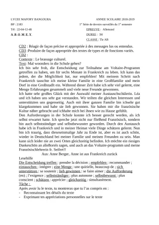 Première page de Allemand Tle A & B — 1er devoir surveillé, 1er semestre (2018-2019) · Lycée Houegbadja d'Abomey (Ex Mafory Bangoura)