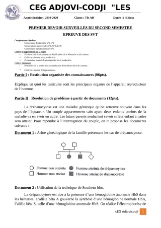 Première page de SVT Tle B — 1er devoir surveillé, 2e semestre (2019-2020) · CEG ADJOVICODJI 'LES OLIVIERS'