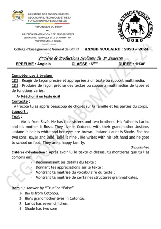 Première page de Anglais 6e — Production scolaire, 1er semestre (2023-2024) · CEG GOHO