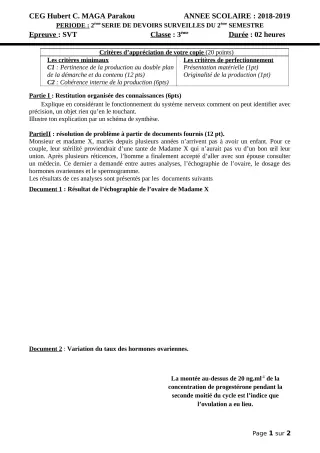 Première page de SVT 3e, 3e ML — Devoir surveillé, 2e semestre (2018-2019) · CEG Hubert C. MAGA