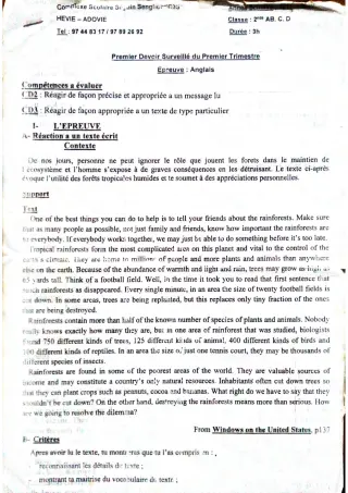 Première page de Anglais 2nde D — 1er devoir surveillé, 1er trimestre (2019-2020) · CPEG SEGUIN SENGHOR