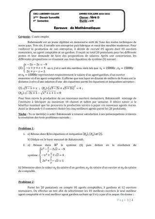 Première page de Mathématiques 1ère D — 2e devoir surveillé, 1er semestre (2023-2024) · CEG2 ABOMEY - CALAVI (CEG ZOCA)