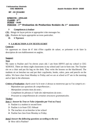 Première page de Anglais 6e — 1re production scolaire, 1er semestre (2019-2020) · CEG SEHOUE
