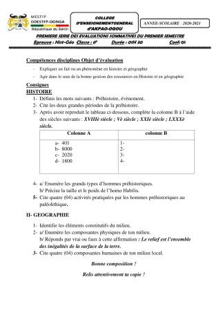 Première page de Histoire-Géographie 6e, 5e, 4e, 3e, 3e ML — 1re évaluation sommative, 1er semestre (2020-2021) · CEG Akpao-Ogou