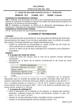 Première page de PCT Tle C — 1er devoir surveillé, 1er semestre (2023-2024) · CEG ZONGO