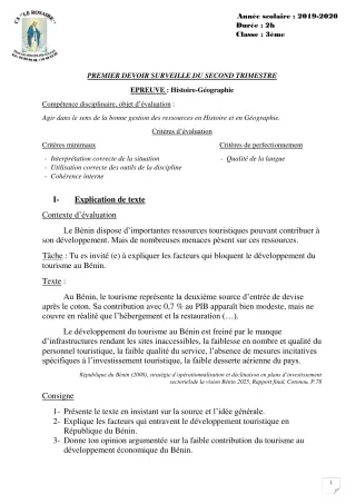 Première page de Histoire-Géographie 3e, 3e ML — 1er devoir surveillé, 2e trimestre (2019-2020) · CPEG ROSAIRE