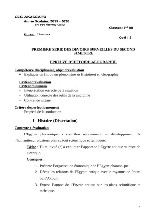 Première page de Histoire-Géographie 2nde A, 2nde A & B, 2nde B — 1er devoir surveillé, 2e semestre (2019-2020) · CEG Akassato