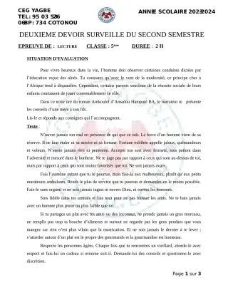 Première page de Français 5e — 2e devoir surveillé, 2e semestre (2023-2024) · CEG Yagbe