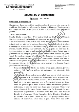 Première page de Français 3e, 3e ML — Devoir surveillé, 2e trimestre (2019-2020) · CEPG La Prunelle de Dieu