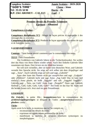 Première page de Allemand 3e ML — 1er devoir surveillé, 1er trimestre (2019-2020) · CPEG GOD'S TIME