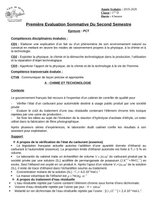 Première page de PCT 1ère D — 1re évaluation sommative, 2e semestre (2019-2020) · CEG Sô-Ava