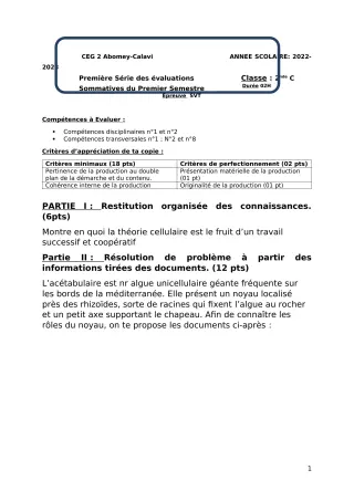 Première page de SVT 2nde C — 1re évaluation sommative, 1er semestre (2022-2023) · CEG2 ABOMEY - CALAVI (CEG ZOCA)
