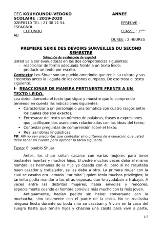Première page de Espagnol 2nde A1, 2nde A2, 2nde B — 1er devoir surveillé, 2e semestre (2019-2020) · CEG Kouhounou-Vêdoko