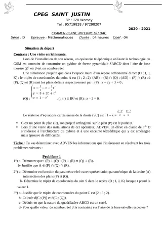 Première page de Examen Blanc de MATHS GENE — Tle D — CPEG SAINT Justin (2020)