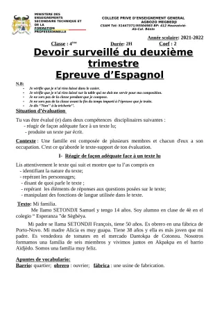 Première page de Espagnol 4e, 2nde A2, 2nde B, 1ère A2, 1ère B, Tle A2, Tle B — 2e devoir surveillé, 2e trimestre (2021-2022) · CPEG AGBOZO MEGBEDJI