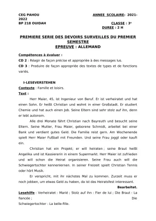 Première page de Allemand 3e ML — 1er devoir surveillé, 1er semestre (2021-2022) · CEG PAHOU