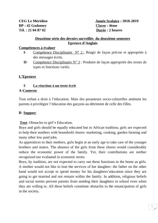 Première page de Anglais 4e, 4e ML — 2e devoir surveillé, 2e semestre (2018-2019) · CEG Le Méridien