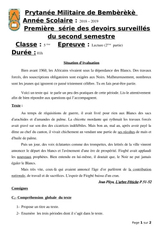 Première page de Français 5e — 1er devoir surveillé, 2e semestre (2018-2019) · PMB