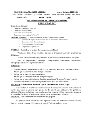 Première page de SVT 6e, 5e, 4e, 4e ML, 3e, 3e ML, 2nde A, 2nde A1, 2nde A2, 2nde B, 2nde C, 2nde D, 1ère A, 1ère A1, 1ère A2, 1ère B, 1ère D, Tle A, Tle A1, Tle A2, Tle B, Tle C, Tle D — 2e devoir surveillé, 1er trim