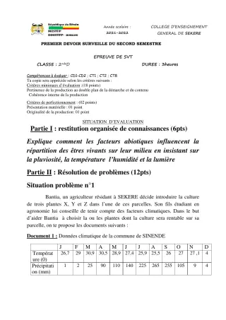 Première page de SVT 2nde D — 1er devoir surveillé, 2e semestre (2021-2022) · CEG SEKERE