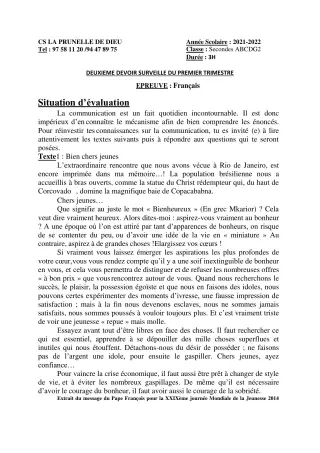 Première page de Français 2nde B, 2nde D — 2e devoir surveillé, 1er trimestre (2021-2022) · CEPG La Prunelle de Dieu