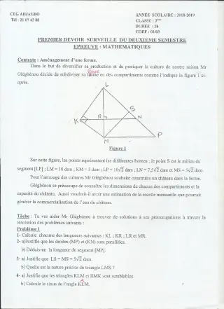 Première page de Mathématiques 3e, 3e ML — 1er devoir surveillé, 2e semestre (2018-2019) · CEG ADJAGBO