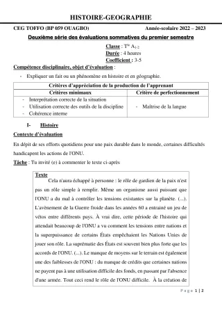 Première page de Histoire-Géographie Tle A, Tle A1, Tle A2 — 2e évaluation sommative, 1er semestre (2022-2023) · CEG - TOFFO