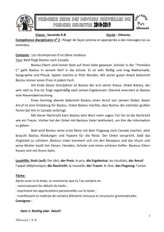 Première page de Allemand 2nde A & B — 1er devoir surveillé, 1er semestre (2018-2019) · CEG1 Covè