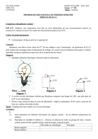 Première page de PCT 6e — 1er devoir surveillé, 1er semestre (2018-2019) · CEG HOUEYIHO