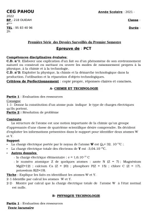 Première page de PCT 4e — 1er devoir surveillé, 1er semestre (2021-2022) · CEG PAHOU