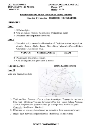 Première page de Histoire-Géographie 6e — 1er devoir surveillé, 2e semestre (2022-2023) · CEG LE NOKOUE