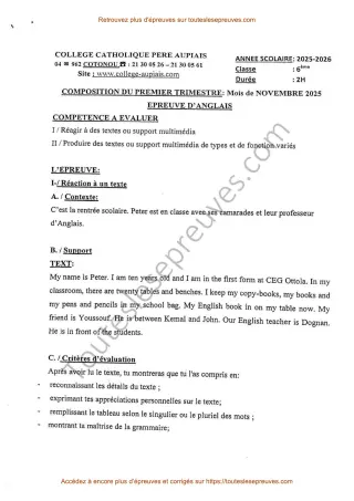 Première page de Anglais 6ème – Composition du 1er trimestre 2025-2026 – Compréhension et production écrite sur la rentrée scolaire et la classe de Peter – Collège Catholique Père Aupiais