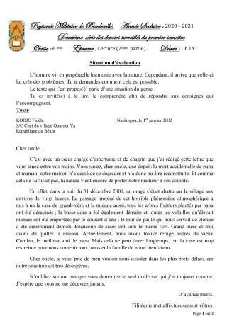 Première page de Français 6e — 2e devoir surveillé, 1er semestre (2020-2021) · PMB