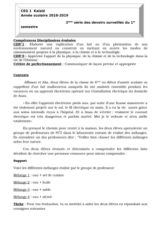 Première page de PCT 5e — 2e devoir surveillé, 1er semestre (2018-2019) · CEG1 Kalalé