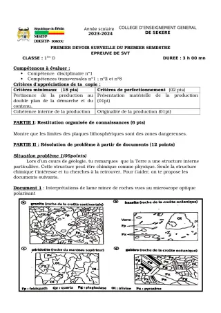 Première page de SVT 1ère D — 1er devoir surveillé, 1er semestre (2023-2024) · CEG SEKERE