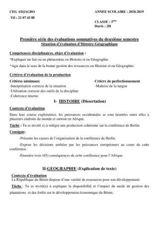Première page de Histoire-Géographie 3e, 3e ML — 1re évaluation sommative, 2e semestre (2018-2019) · CEG ADJAGBO