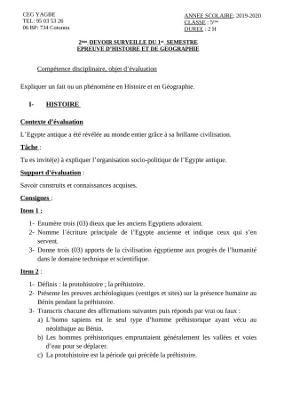 Première page de Histoire-Géographie 5e — 2e devoir surveillé, 1er semestre (2019-2020) · CEG Yagbe