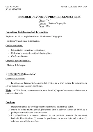 Première page de Histoire-Géographie Tle D — 1er devoir surveillé, 1er semestre (2019-2020) · CEG Attogon