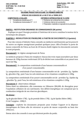 Première page de SVT 1ère C — 2e production scolaire, 1er semestre (2022-2023) · CEG LE NOKOUE