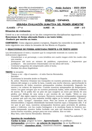 Première page de Espagnol 1ère A — 2023-2024 · CEG1 Ikpinlè